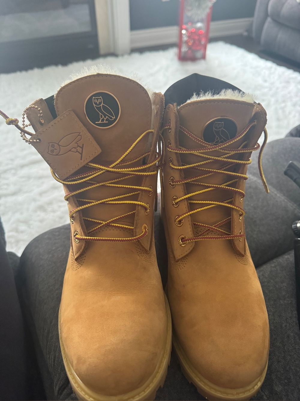 OVO Timberland Men's Shearling-Lined Tan Boots with Owl Emblem $225